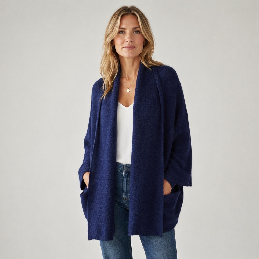 Beryll Los Angeles Navy Blue Cashmere Oversized Shawl Collar Cardigan OS